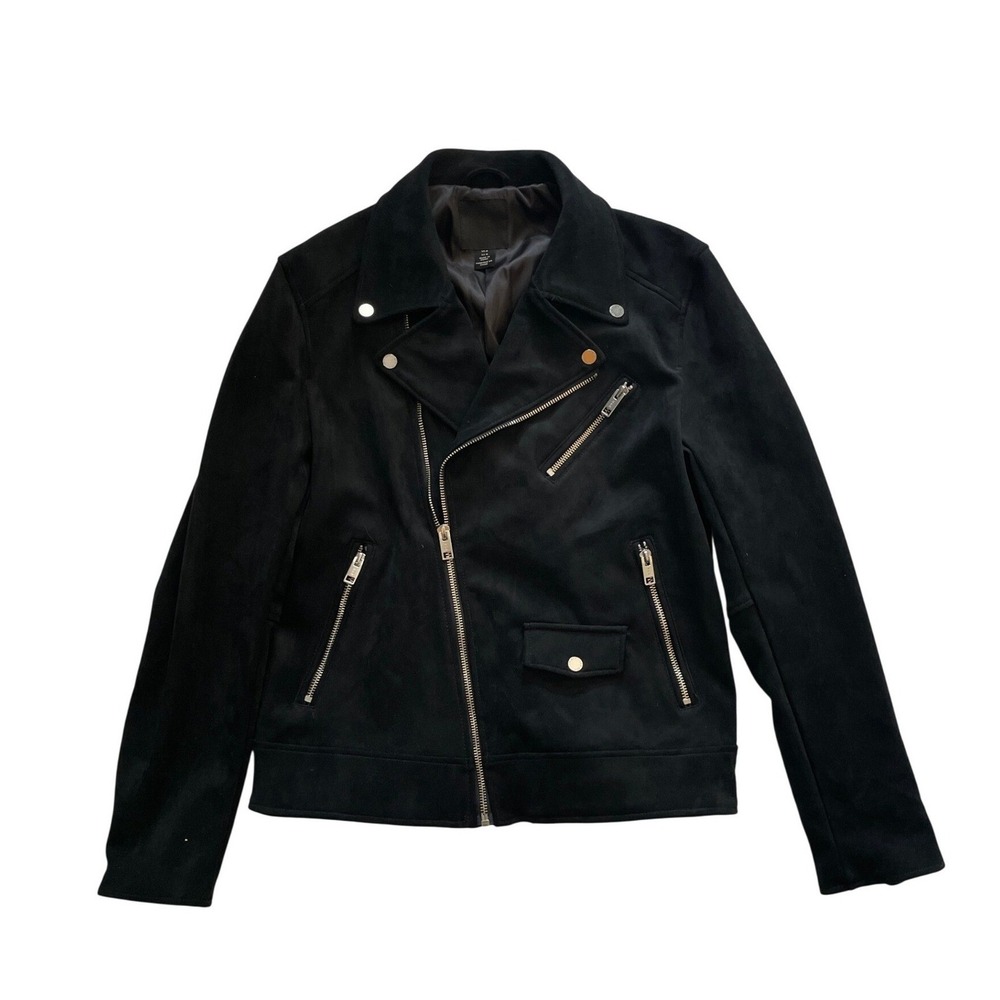 Black Faux Suede Biker Jacket Asymmetrical Zip Moto Coat Size M by H&M